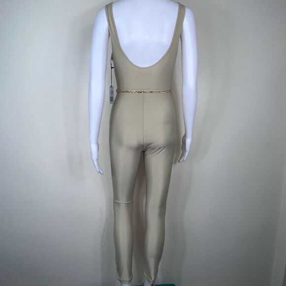 WeWoreWhat Solid Rib Scoop Jumpsuit in Khaki with Gold Chain Belt - Picture 4 of 16